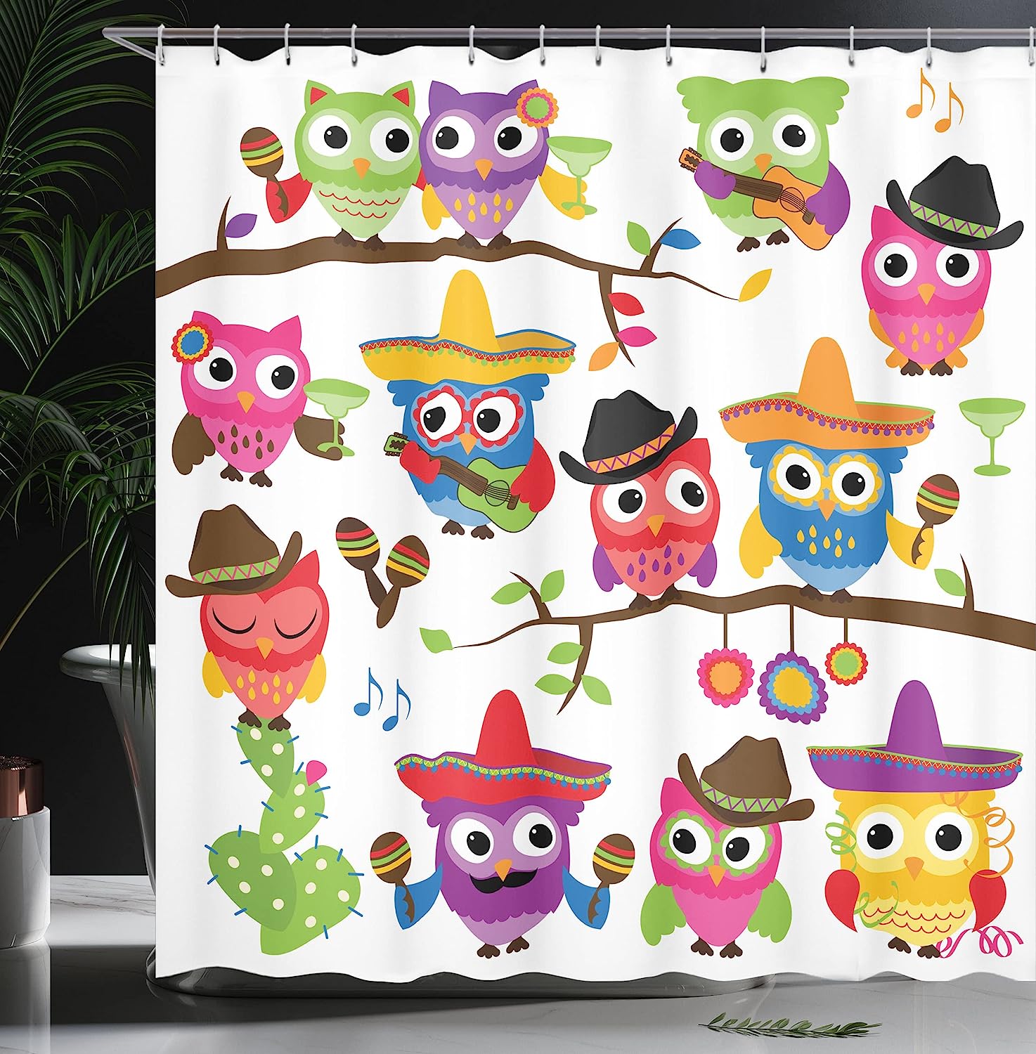 Cowboy Cowgirl Owls Shower Curtain, Hats Guitars Cactus Themed Art Print, Cloth Bathroom Decor - Image 3