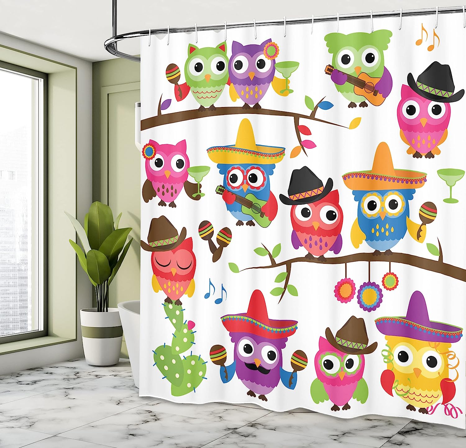 Cowboy Cowgirl Owls Shower Curtain, Hats Guitars Cactus Themed Art Print, Cloth Bathroom Decor - Image 4