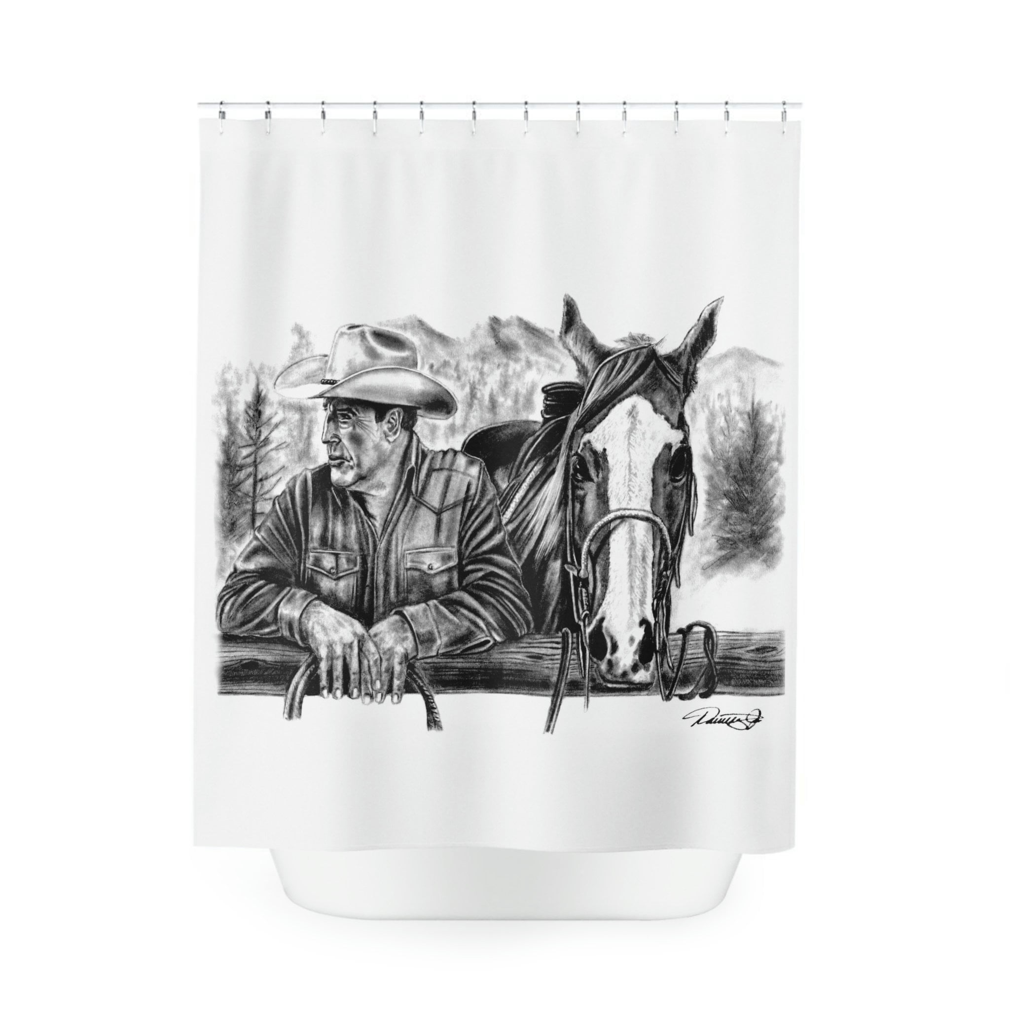 Cowboy Horse Mountain Riding Original Western Artwork Shower Curtain for a Sophisticated Bathroom Decor