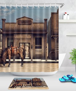 Cowboy House Bank Shower Curtain - Rustic Bathroom Decor with Horses and Country Style 