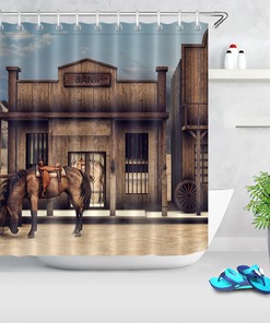 Cowboy House Bank Shower Curtain - Rustic Bathroom Decor with Horses and Country Style