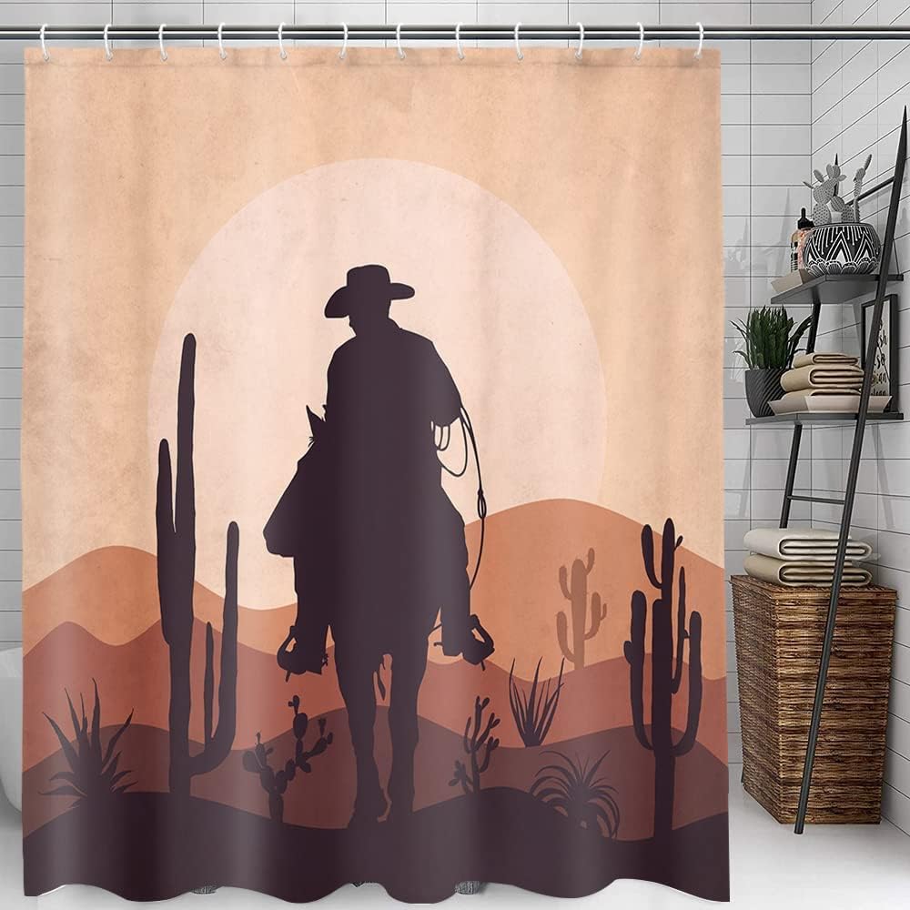 Cowboy Riding Horse Shower Curtain with a Western Aesthetic for a Minimalist and Bohemian Bathroom