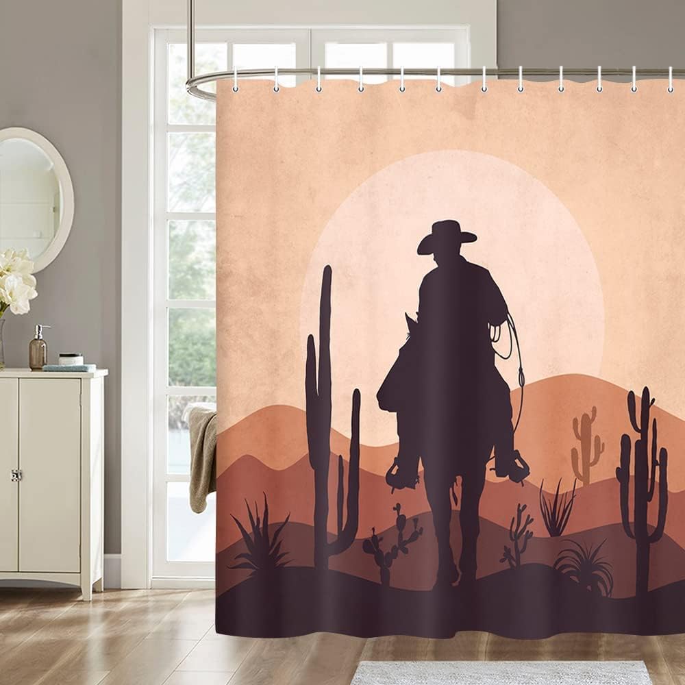 Cowboy Riding Horse Shower Curtain with a Western Aesthetic for a Minimalist and Bohemian Bathroom