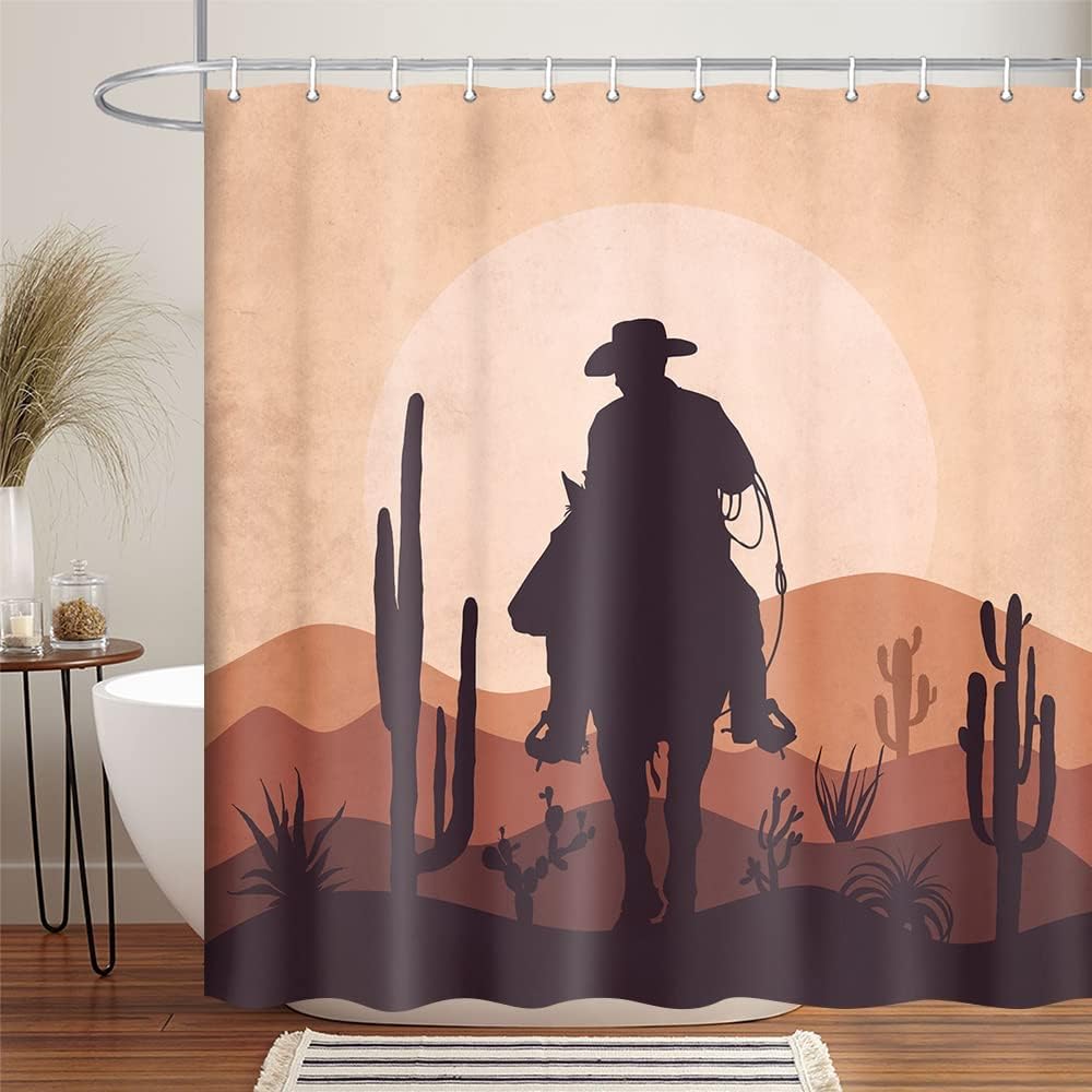 Cowboy Riding Horse Shower Curtain with a Western Aesthetic for a Minimalist and Bohemian Bathroom