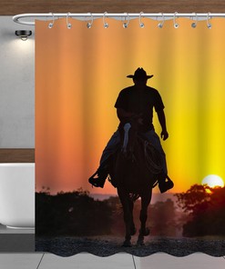 Cowboy Shower Curtain with Yellow Horse Print - Waterproof Fabric Bathroom Shower Curtain with Western Accents