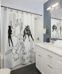 Cowgirl Lasso Bull Motivate Phrased Print Shower Curtain for Bathroom Decor on Take Bull By Horns Day