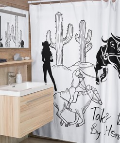 Cowgirl Lasso Bull Motivate Phrased Print Shower Curtain for Bathroom Decor on Take Bull By Horns Day