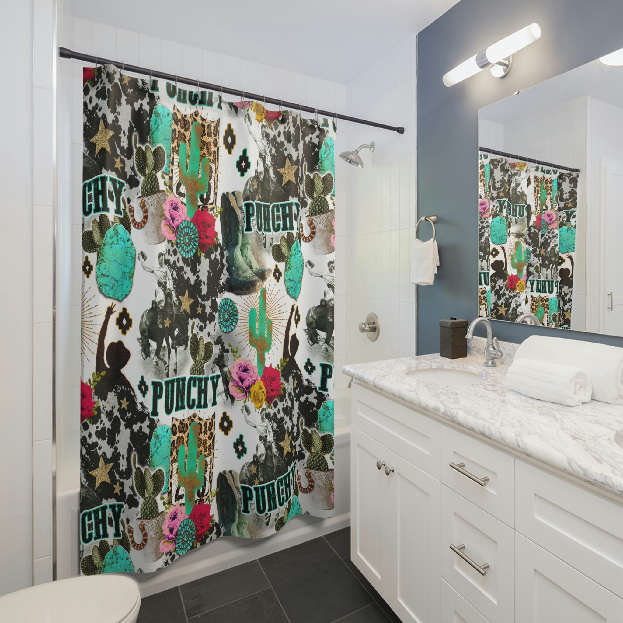 Cowgirl and Cactus Western Bathroom Shower Curtain, Punchy Country Decor