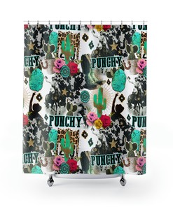 Cowgirl and Cactus Western Bathroom Shower Curtain, Punchy Country Decor