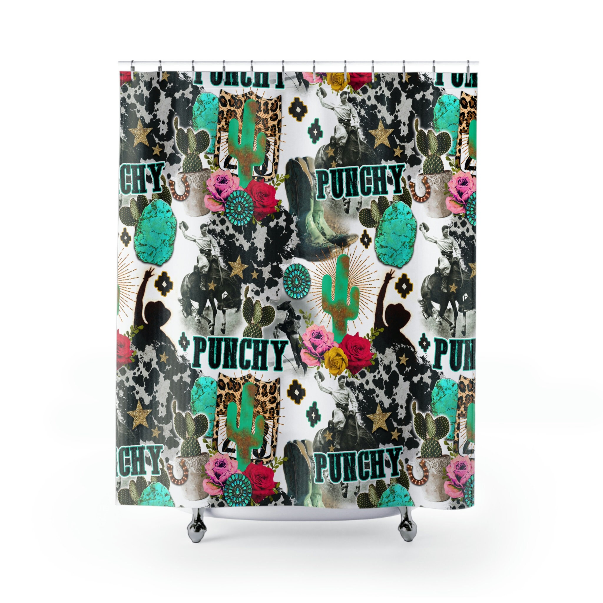 Cowgirl and Cactus Western Bathroom Shower Curtain, Punchy Country Decor