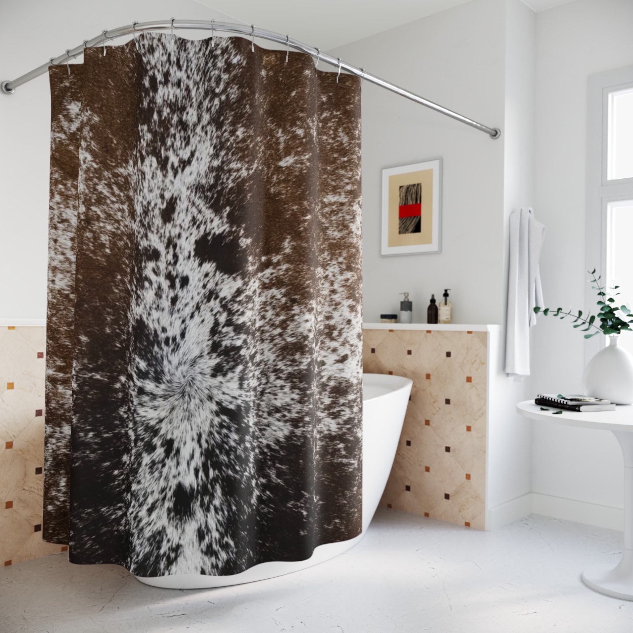 Cowhide Print Shower Curtain, Faux Fur Bathroom Decor, Western Country Theme