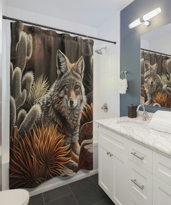 Coyote Shower Curtain with Desert Landscape - Oasis Wildlife Bathroom Decor