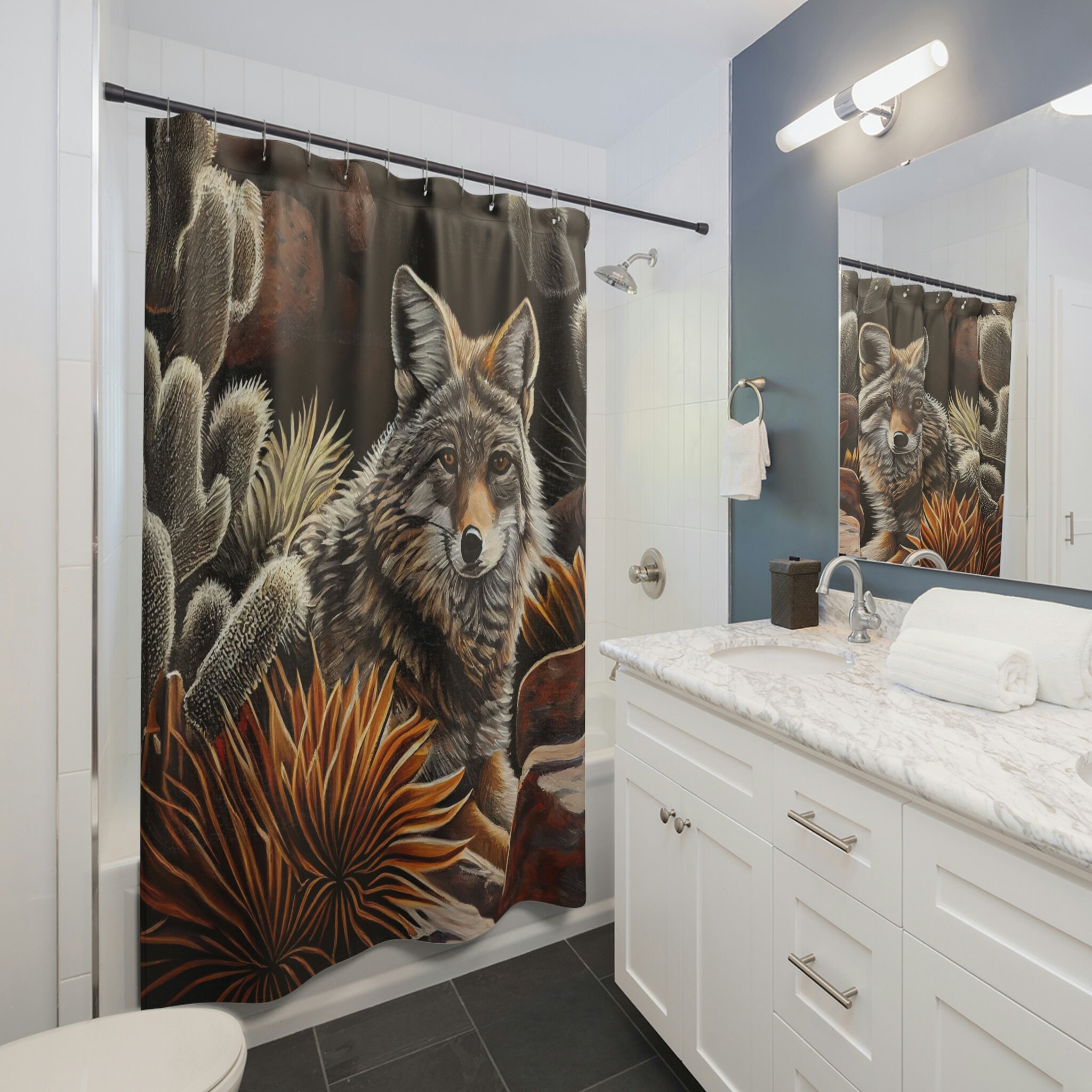 Coyote Shower Curtain with Desert Landscape - Oasis Wildlife Bathroom Decor
