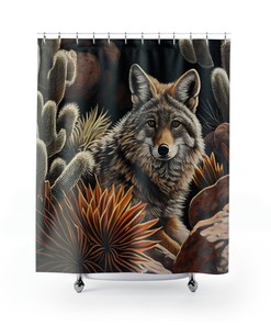 Coyote Shower Curtain with Desert Landscape - Oasis Wildlife Bathroom Decor