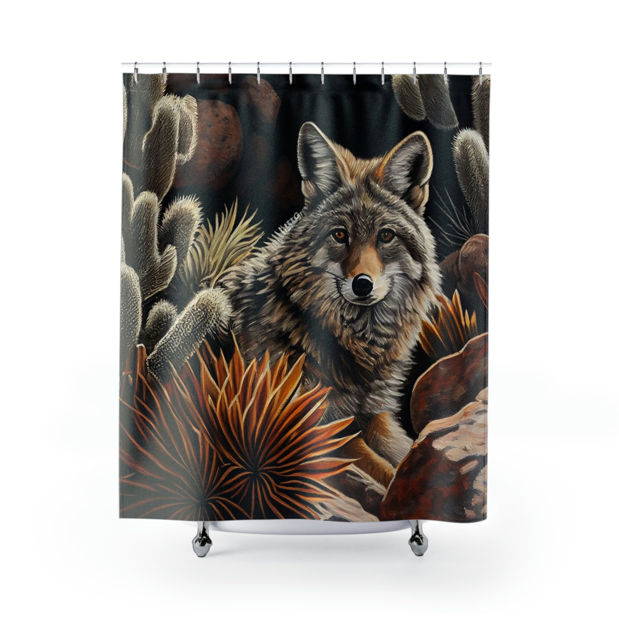 Coyote Shower Curtain with Desert Landscape - Oasis Wildlife Bathroom Decor