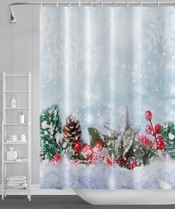 Cozy Winter Christmas Snowflakes Shower Curtain with Snowy Pine Trees Decor for Your Nostalgic Bathroom Decor