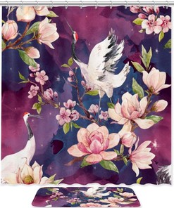 Crane Cherry Blossoms Magnolia Flowers Bird Fabric Shower Curtain for a Floral Oasis