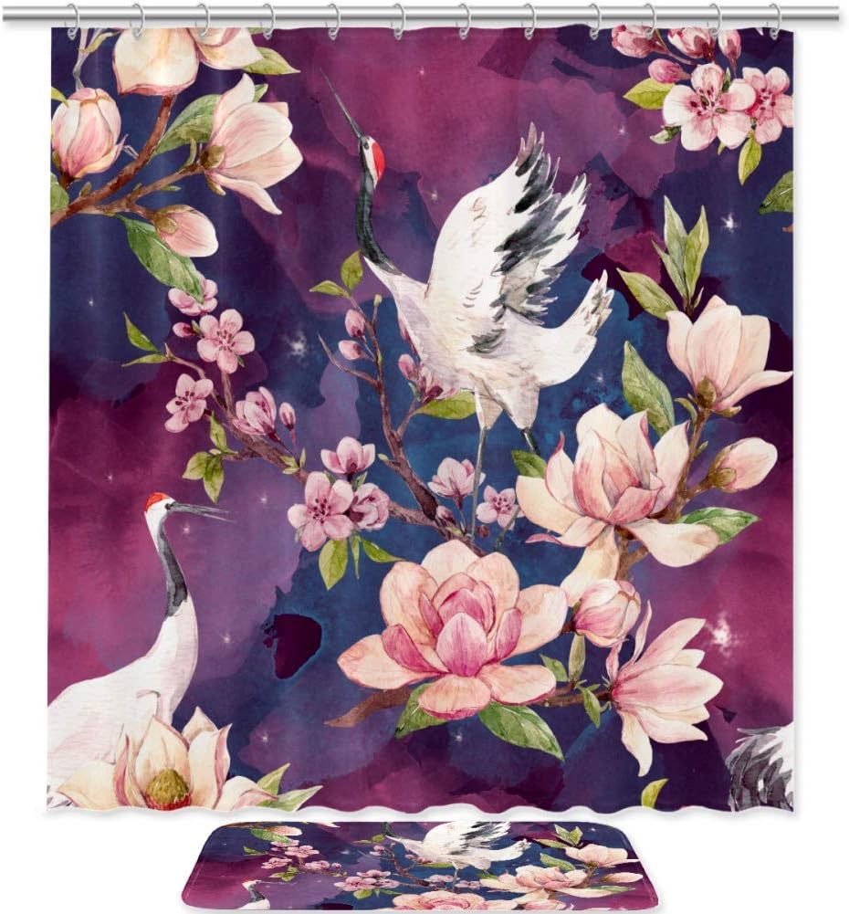 Crane Cherry Blossoms Magnolia Flowers Bird Fabric Shower Curtain for a Floral Oasis