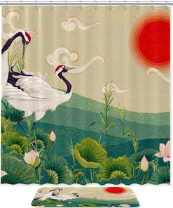 Crane Painting Red Sun-themed Waterproof Shower Curtain for Bathroom