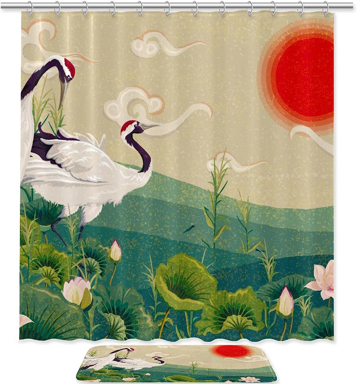 Crane Painting Red Sun-themed Waterproof Shower Curtain for Bathroom