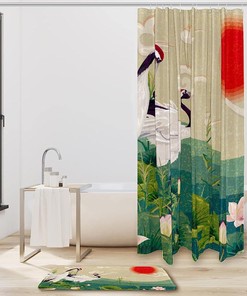 Crane Painting Red Sun-themed Waterproof Shower Curtain for Bathroom