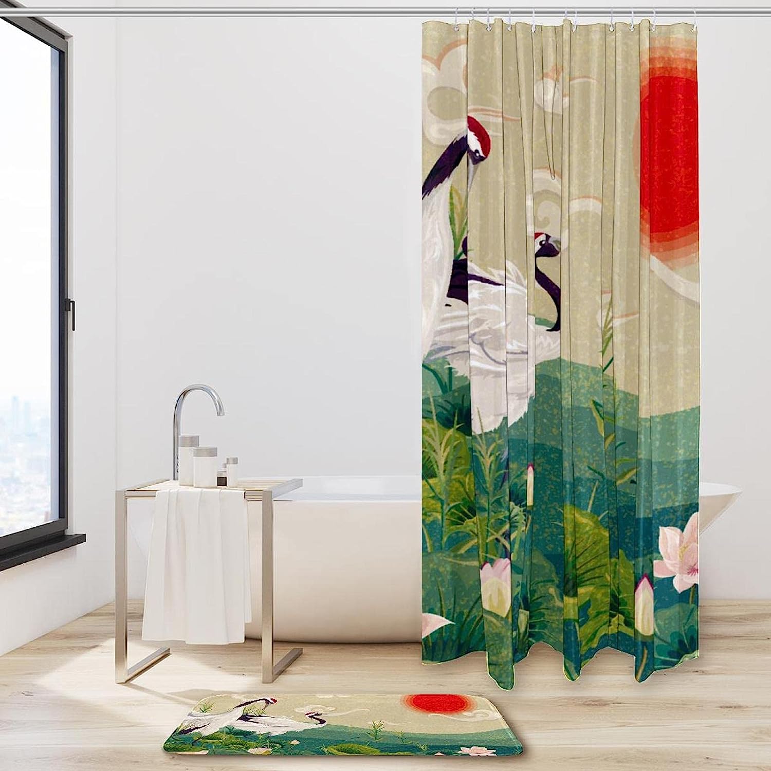 Crane Painting Red Sun-themed Waterproof Shower Curtain for Bathroom