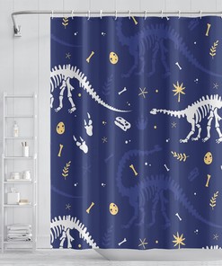 Crawling Dinosaur Skeleton Bracket Tone Navy Blue Shower Curtain for Kids Bathroom Decor