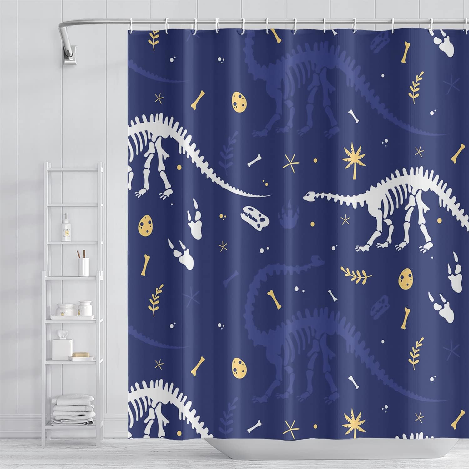 Crawling Dinosaur Skeleton Bracket Tone Navy Blue Shower Curtain for Kids Bathroom Decor