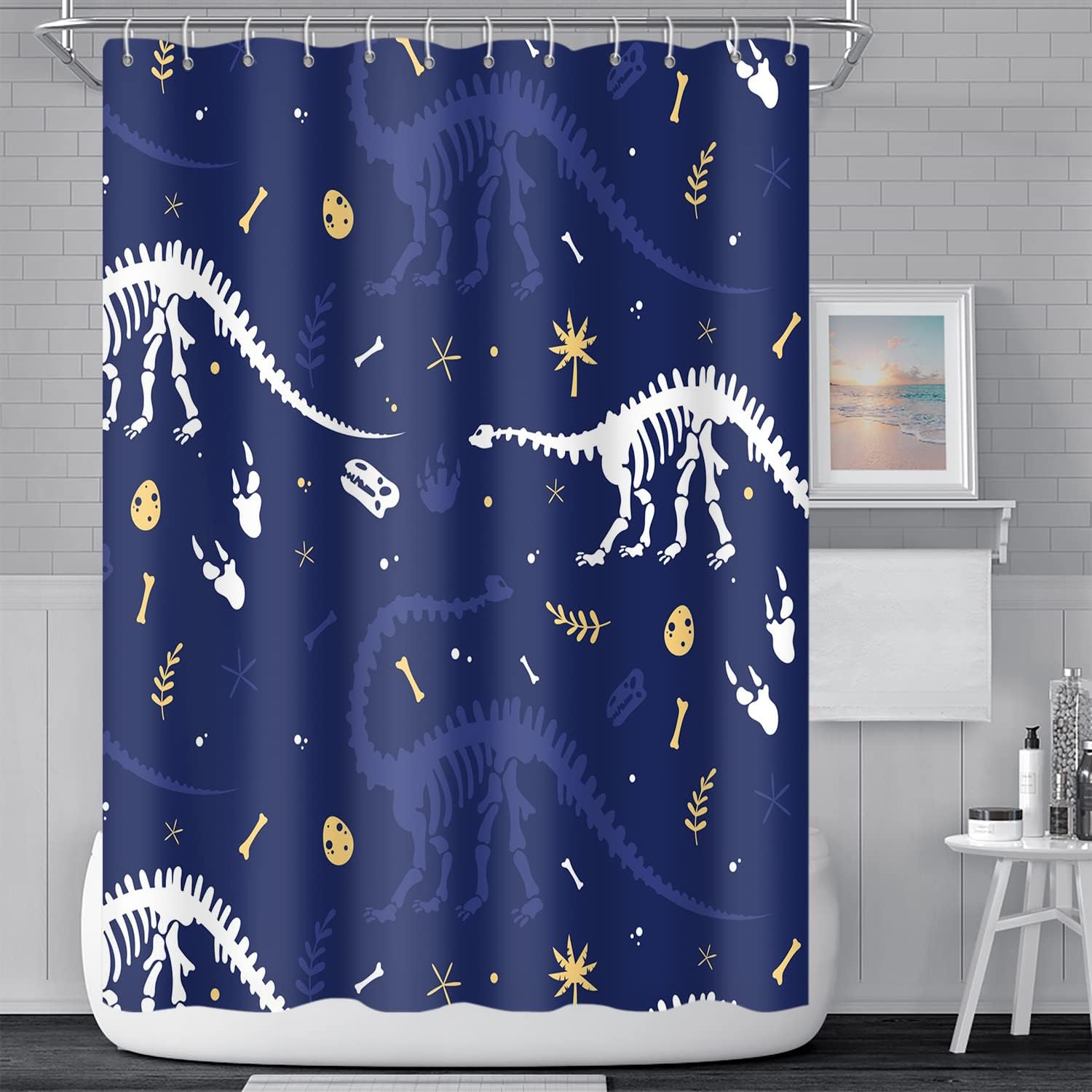 Crawling Dinosaur Skeleton Bracket Tone Navy Blue Shower Curtain for Kids Bathroom Decor