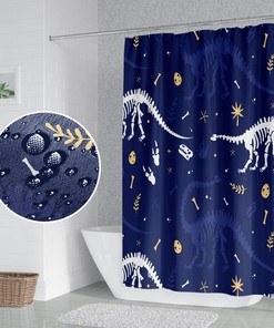 Crawling Dinosaur Skeleton Bracket Tone Navy Blue Shower Curtain for Kids Bathroom Decor