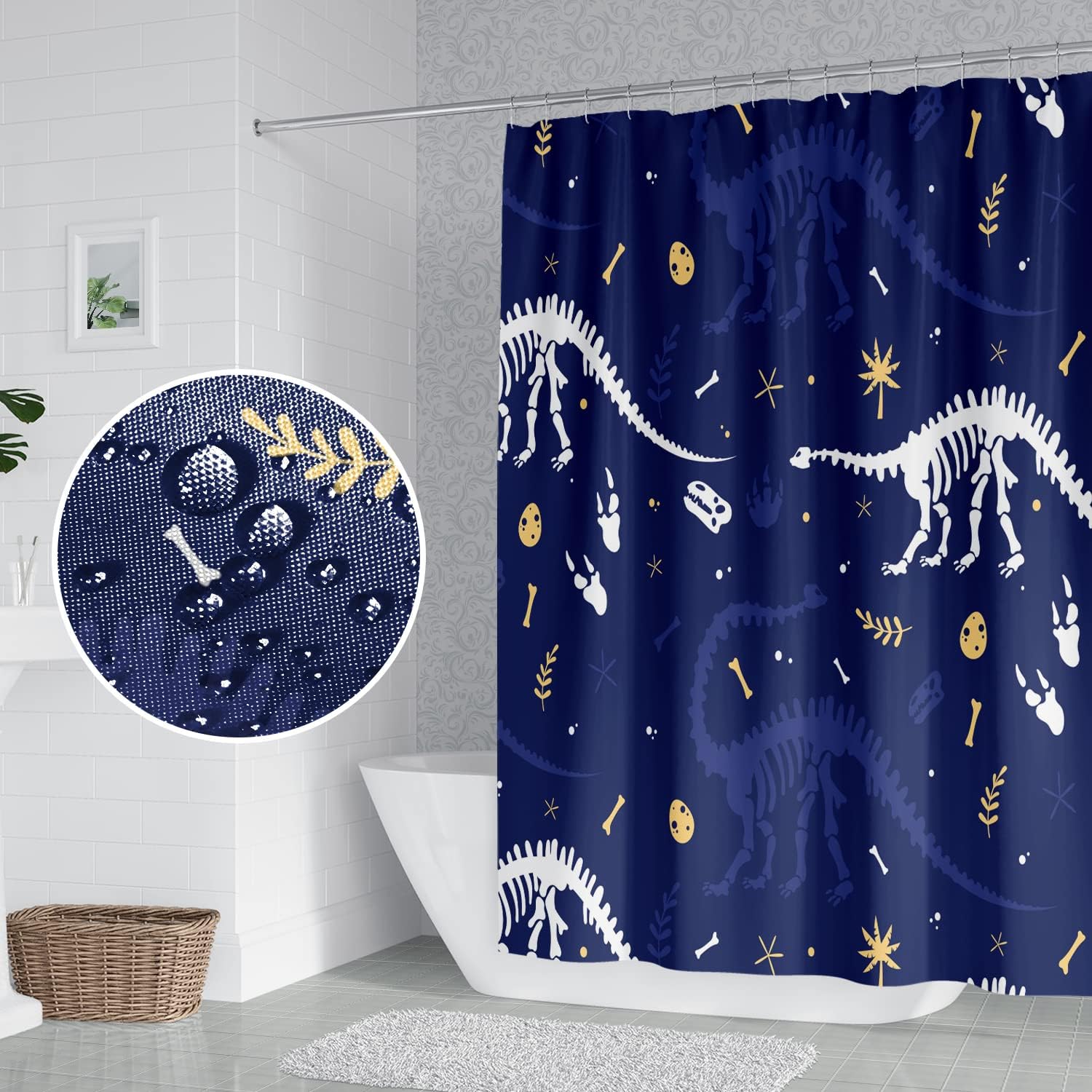 Crawling Dinosaur Skeleton Bracket Tone Navy Blue Shower Curtain for Kids Bathroom Decor