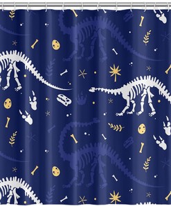 Crawling Dinosaur Skeleton Bracket Tone Navy Blue Shower Curtain for Kids Bathroom Decor
