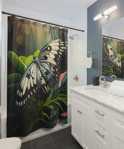 Cream And Grey Butterfly Tropical Jungle Shower Curtain Graceful Design With Sunlit Canopy Print