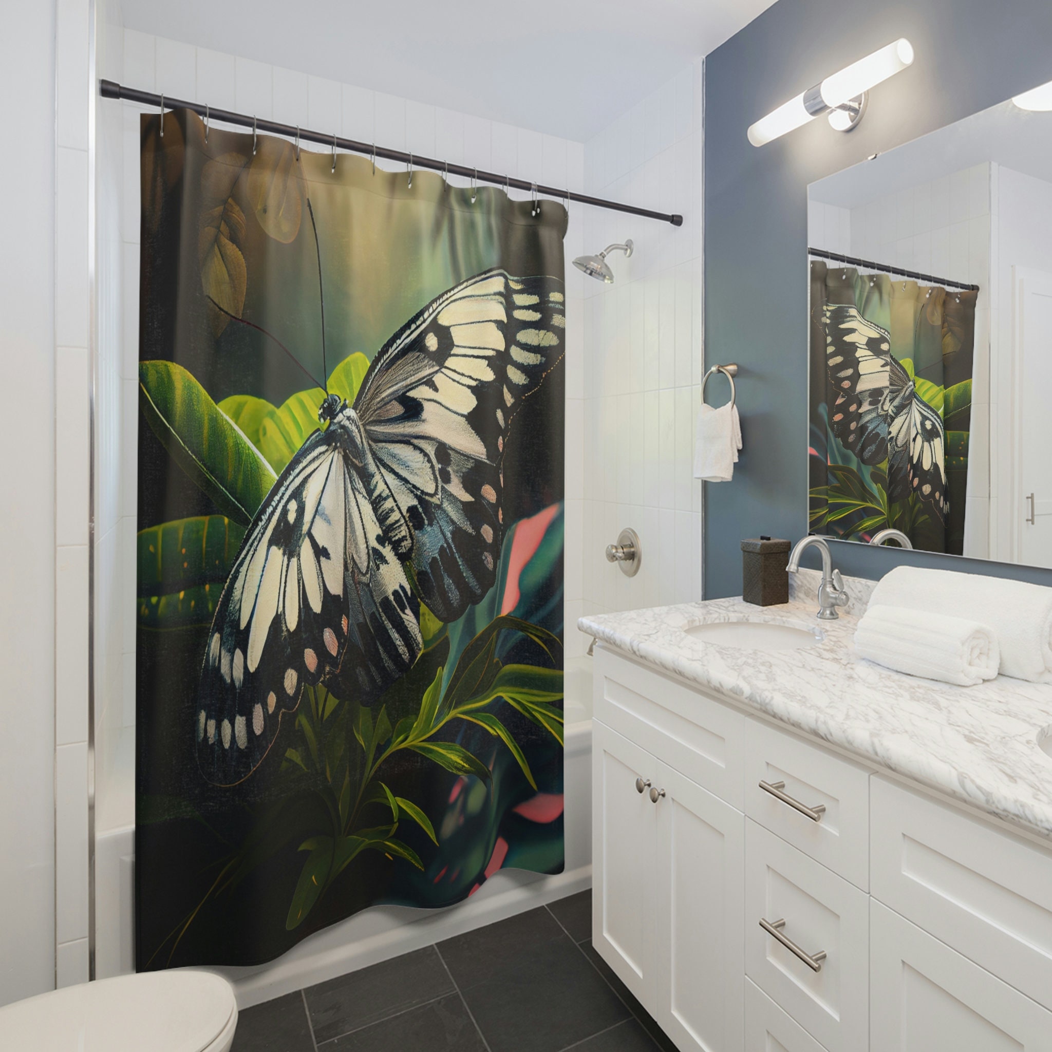 Cream And Grey Butterfly Tropical Jungle Shower Curtain Graceful Design With Sunlit Canopy Print