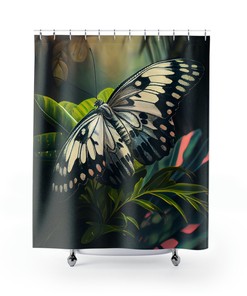 Cream And Grey Butterfly Tropical Jungle Shower Curtain Graceful Design With Sunlit Canopy Print