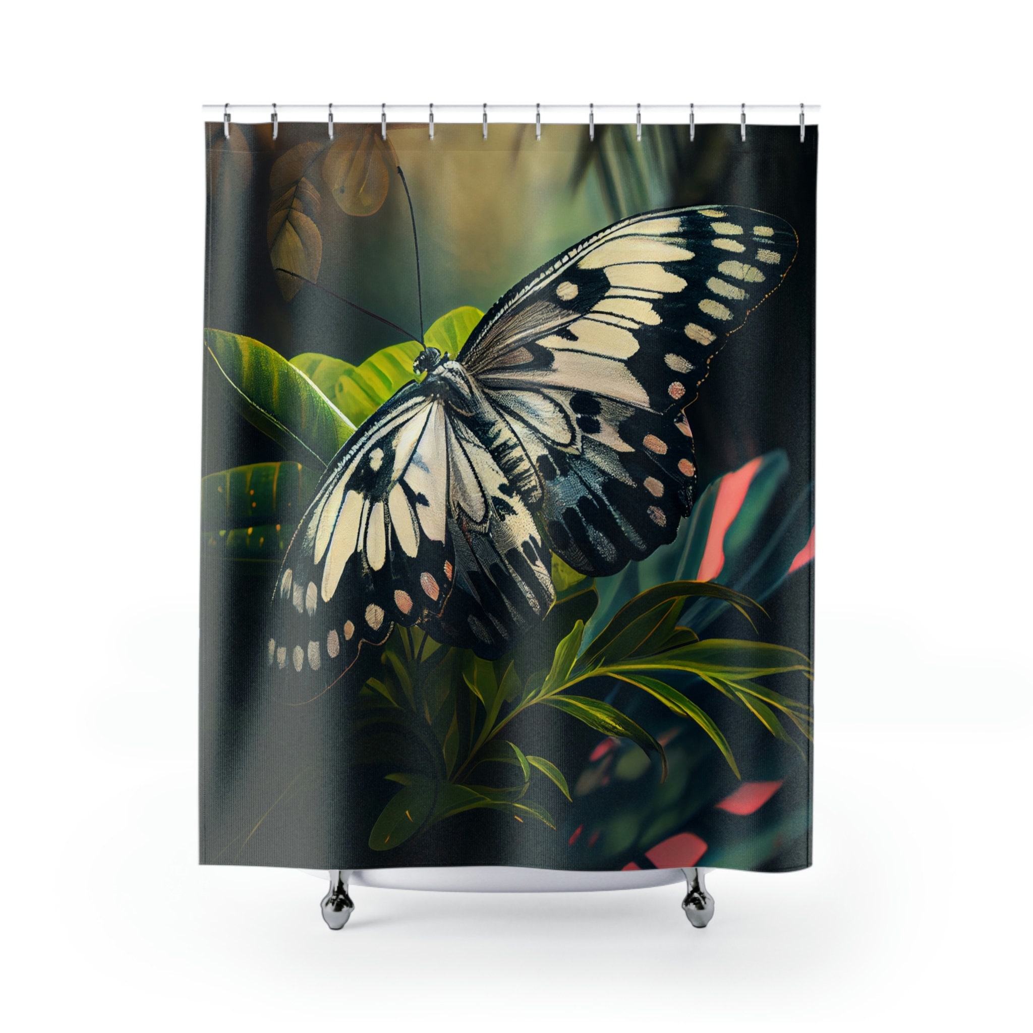 Cream And Grey Butterfly Tropical Jungle Shower Curtain Graceful Design With Sunlit Canopy Print