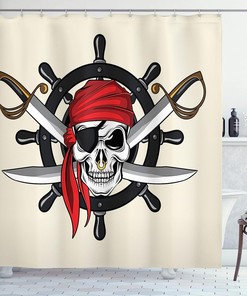Cream Black Red Pirate Themed Scarf Wheel Violence Sea Sail Adventure Illustration Skull Shower Curtain