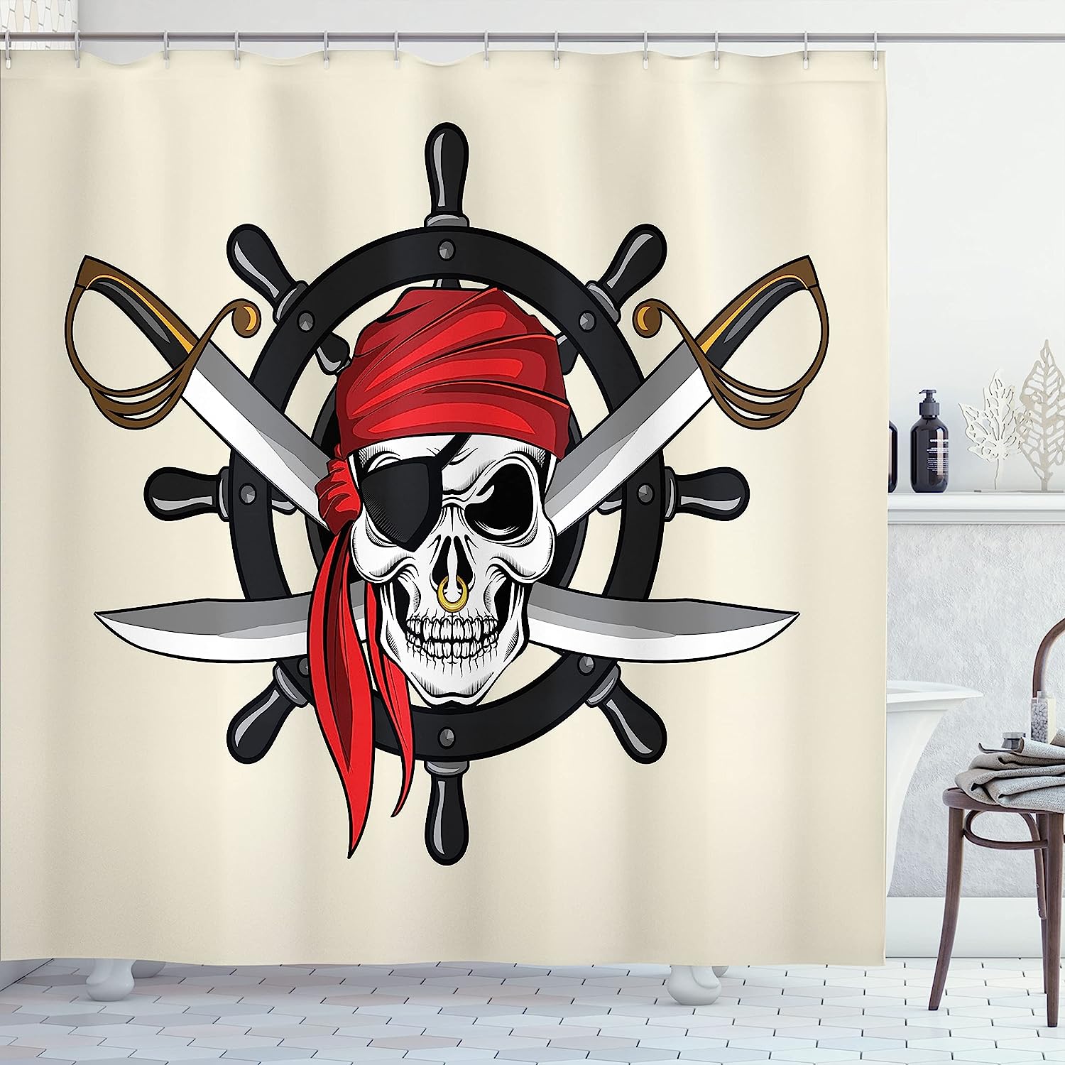 Cream Black Red Pirate Themed Scarf Wheel Violence Sea Sail Adventure Illustration Skull Shower Curtain
