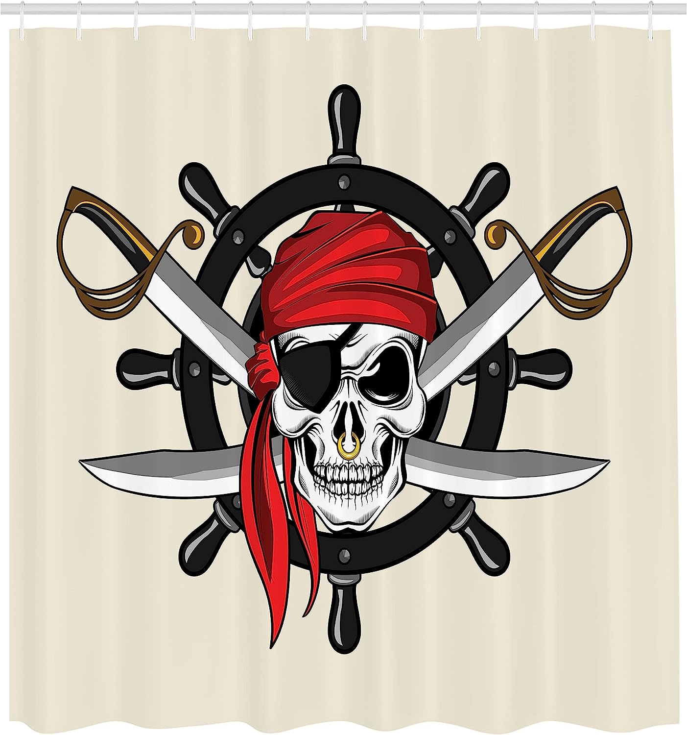 Cream Black Red Pirate Themed Scarf Wheel Violence Sea Sail Adventure Illustration Skull Shower Curtain - Image 2