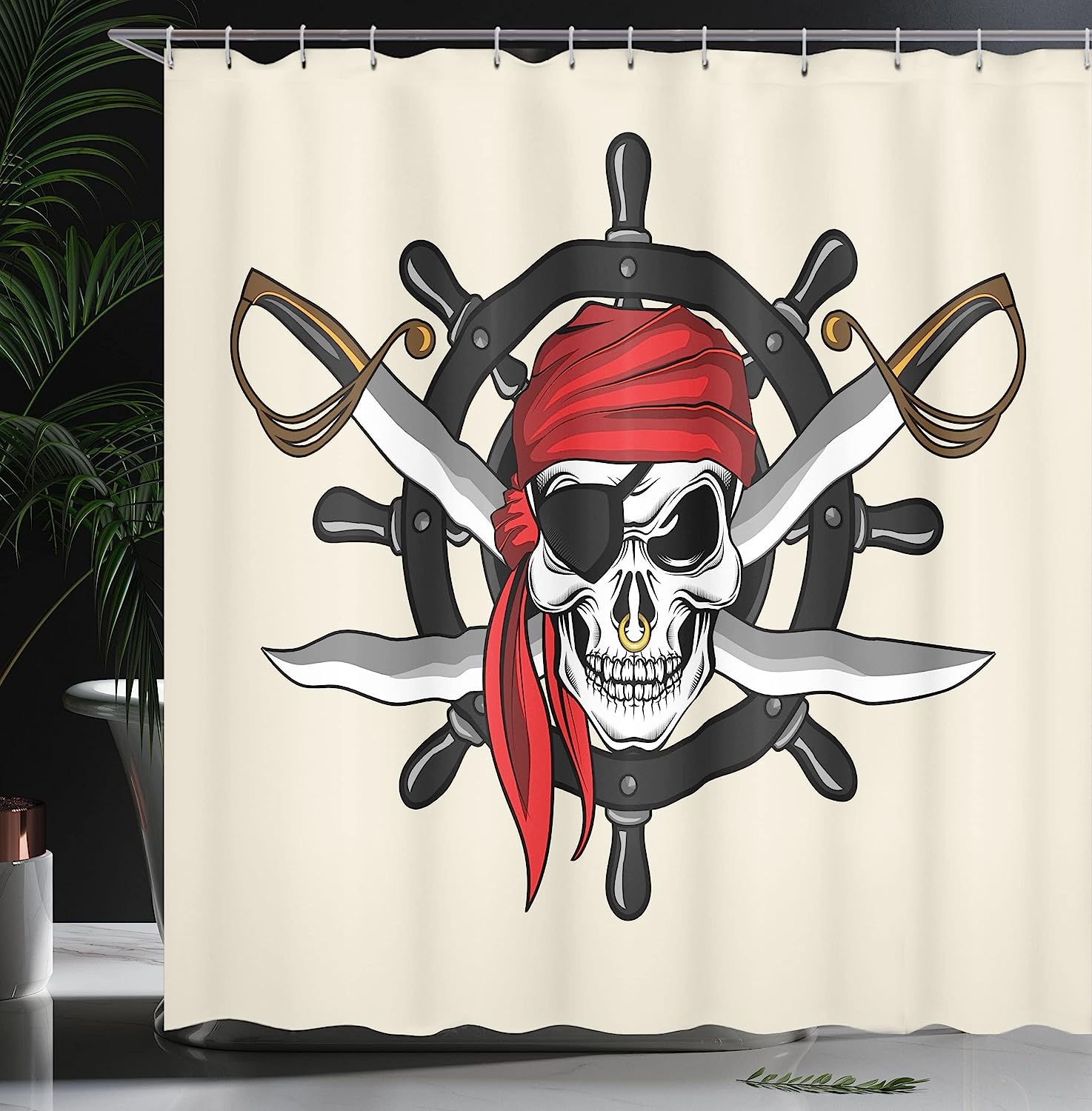 Cream Black Red Pirate Themed Scarf Wheel Violence Sea Sail Adventure Illustration Skull Shower Curtain - Image 3