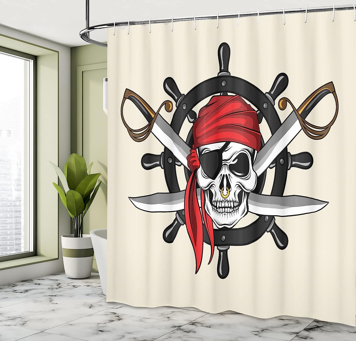 Cream Black Red Pirate Themed Scarf Wheel Violence Sea Sail Adventure Illustration Skull Shower Curtain - Image 4