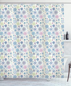 Cream Blue Abstract Winter Season Motifs And Leaves Snowflake Shower Curtain