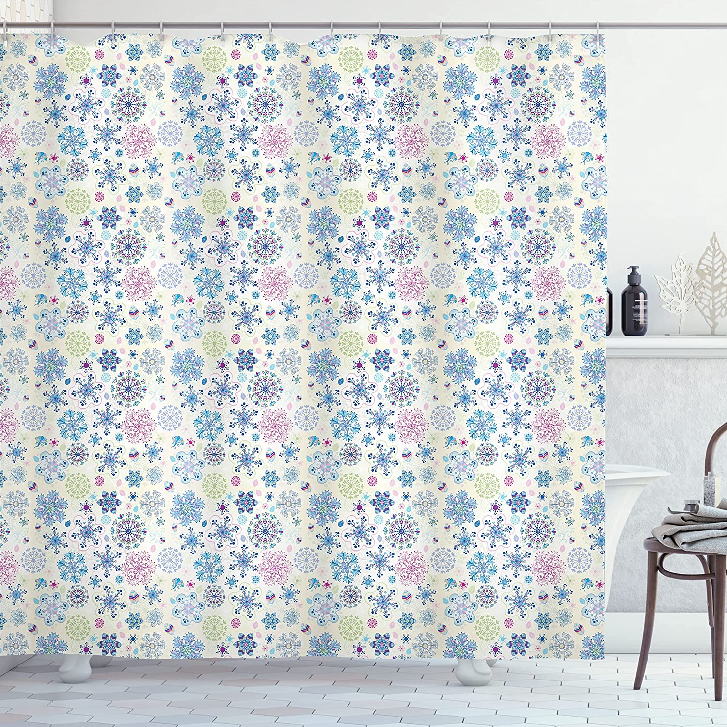 Cream Blue Abstract Winter Season Motifs And Leaves Snowflake Shower Curtain