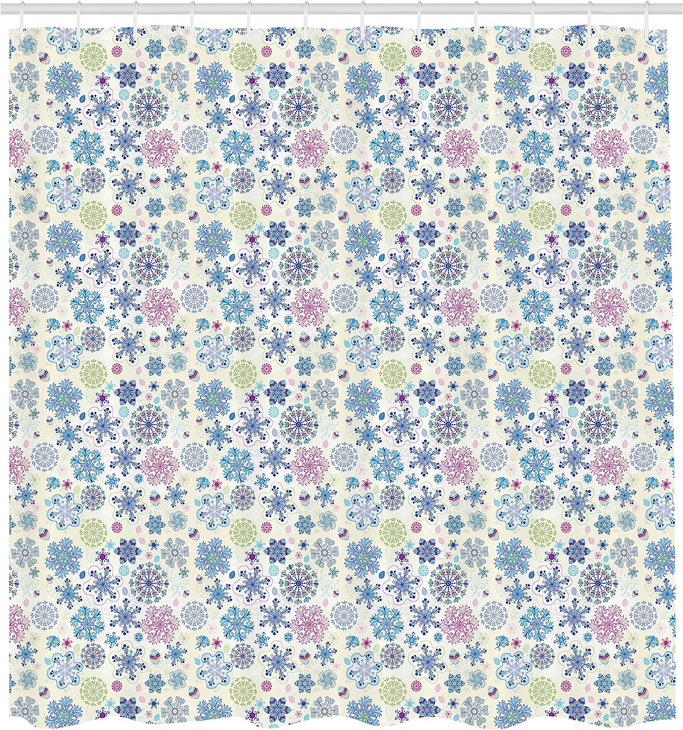 Cream Blue Abstract Winter Season Motifs And Leaves Snowflake Shower Curtain - Image 2