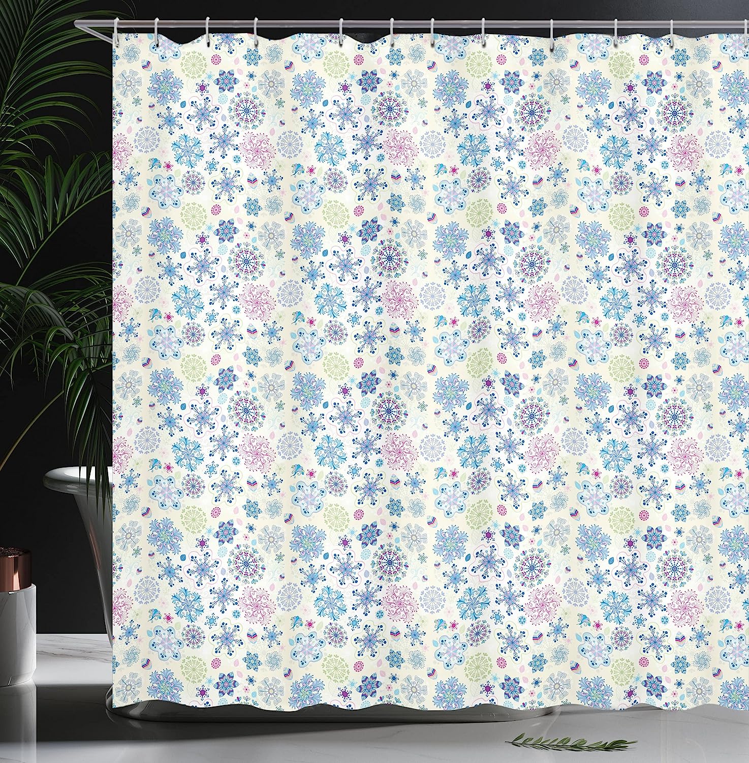 Cream Blue Abstract Winter Season Motifs And Leaves Snowflake Shower Curtain - Image 3