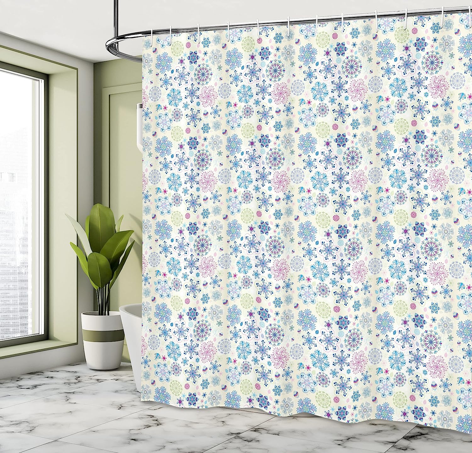 Cream Blue Abstract Winter Season Motifs And Leaves Snowflake Shower Curtain - Image 4