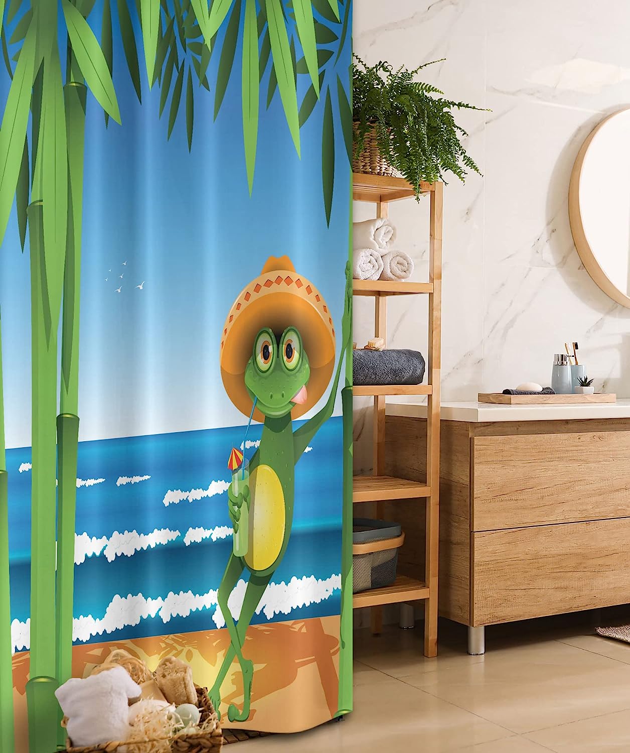 Cream Green Frog Shower Curtain, Illustration Of A Frog On Sandy Beach With Palm Trees And Ocean Tropical Print