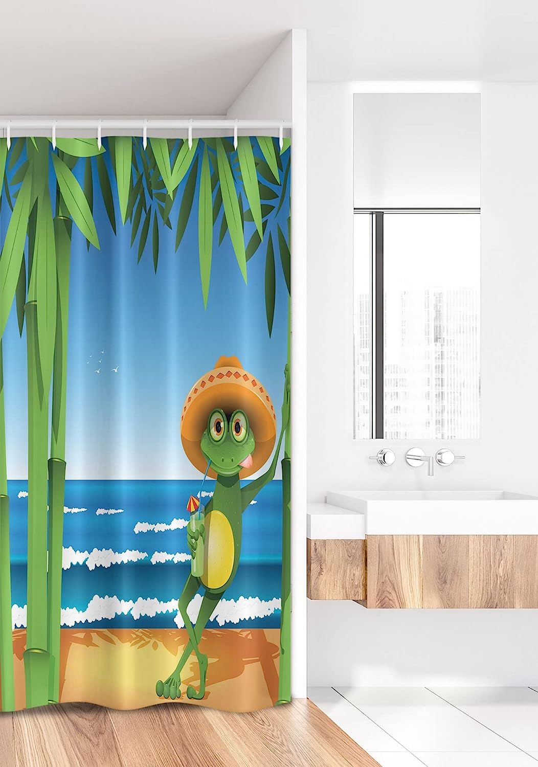 Cream Green Frog Shower Curtain, Illustration Of A Frog On Sandy Beach With Palm Trees And Ocean Tropical Print - Image 2