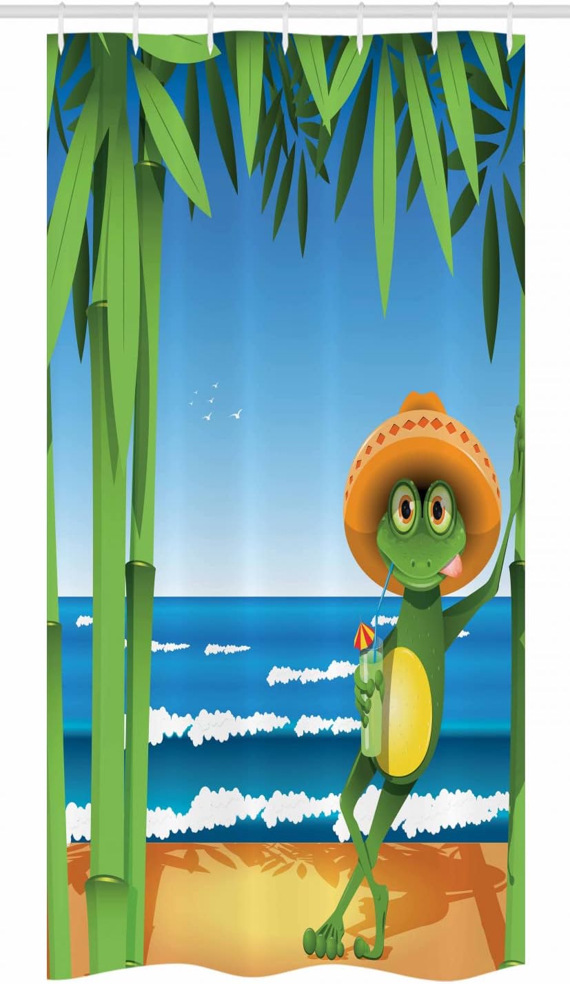 Cream Green Frog Shower Curtain, Illustration Of A Frog On Sandy Beach With Palm Trees And Ocean Tropical Print - Image 3