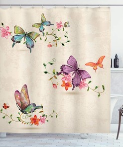 Cream Pink Butterfly Pattern Vintage Style Background Wings Moth Transformation Shower Curtain